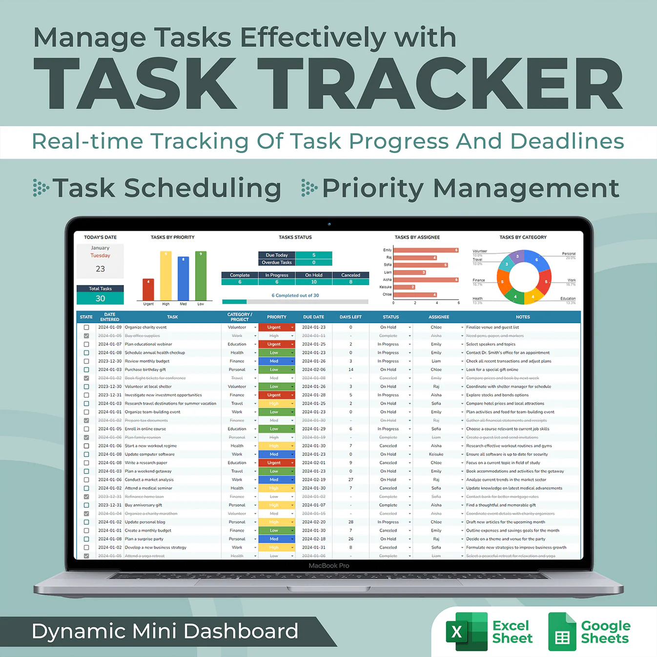 Task Tracker Spreadsheet — Excel & Google Sheets Template